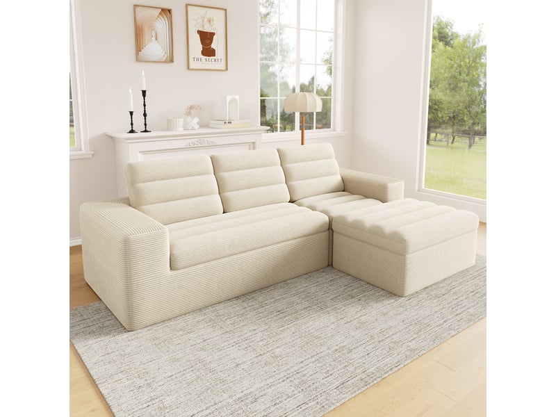  Canapé d'angle modulable 4 places avec pouf - canapé velours côtelé beige sans structure 253cm  - Conforama R