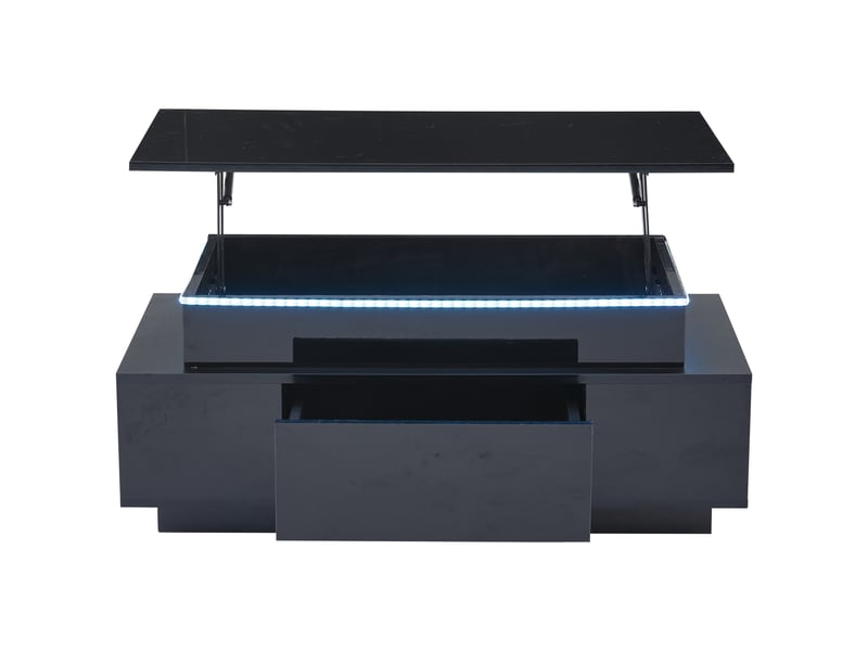 Table basse plateau relevable avec rangement caché et tiroir, table basse led noire, 96x45x40 cm, panneau de particules, noir - Conforama R