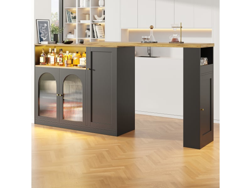 Table de bar pivotante à 360° (198 × 39,6 × 97 cm) avec éclairage led. Design noir mat et bois, avec porte en verre.  - Conforama D