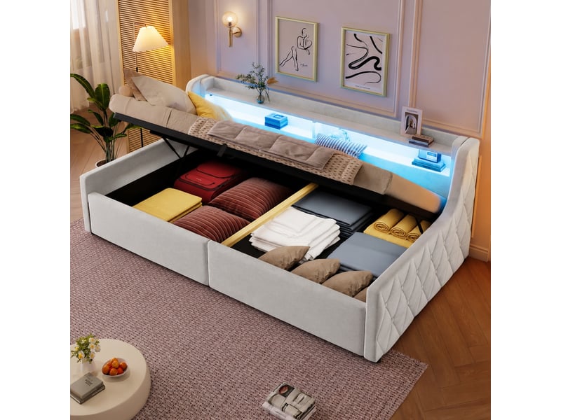  Lit coffre 90 x 200 cm en velours beige avec éclairage led multicolore, sans matelas  - Conforama B