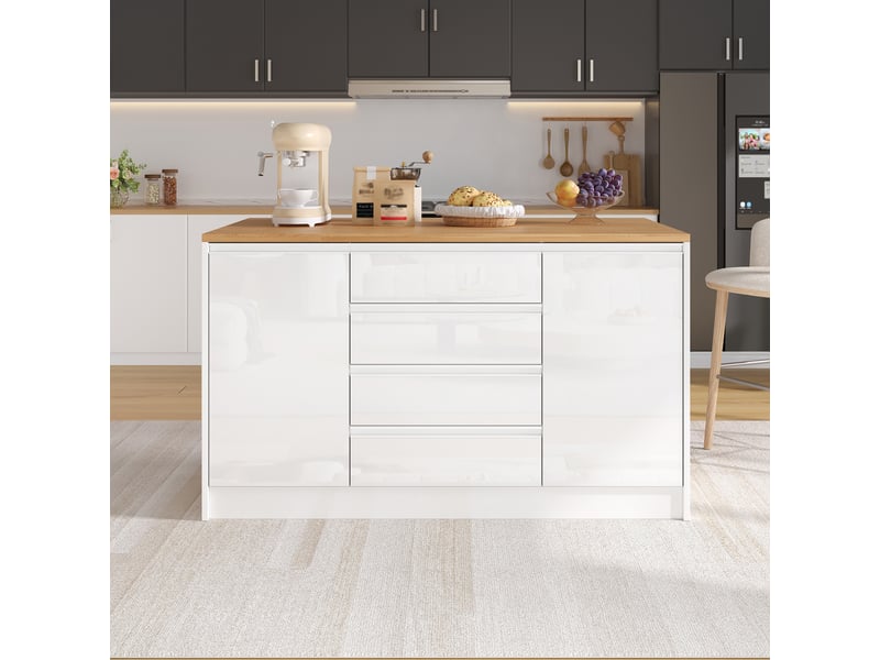  Îlot de cuisine 140 cm avec plan de travail rabattable, plateau aspect bois et façades blanc brillant, meuble de rangement moderne  - Conforama C