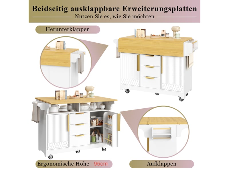  Îlot de cuisine sur roulettes avec plateau pliable 3 tiroirs blanc 120x40x95 cm N620CC260807W - Conforama E