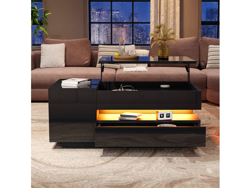  Table basse relevable avec 1 tiroir, 1 placard, niche ouverte, led et rangement caché pour salon 95 × 50 × 40 cm  - Conforama C