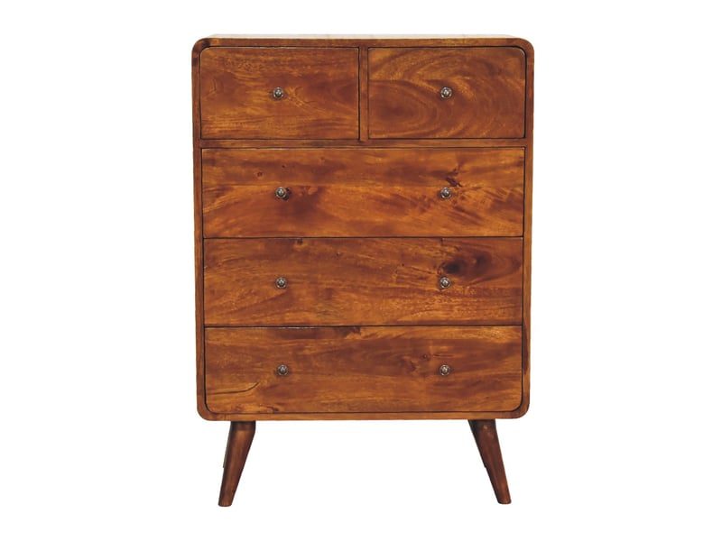  Artisan furniture commode incurvée en bois massif, finition châtaignier, 2 petits et 3 grands tiroirs  - Conforama A