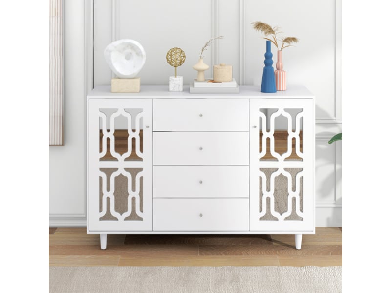  Nouveau buffet miroir blanc en matériau écologique avec poignée en cristal froid pour salon et salle à manger 147,5 x 40 x 102cm  - Conforama B