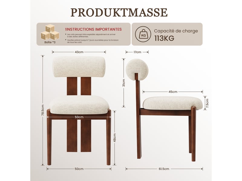  Smartue lot de 2 chaises de salle à manger modernes en tissu beige avec dossier cylindrique et pieds en bois noyer  - Conforama C