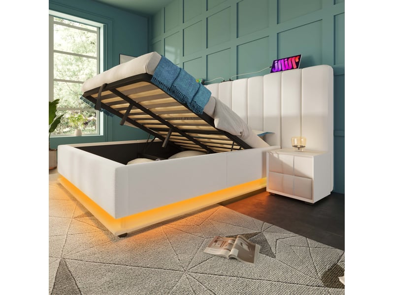 Lit adulte 180x200 coffre rangement hydraulique led usb c pu blanc avec matelas homvra - Conforama D