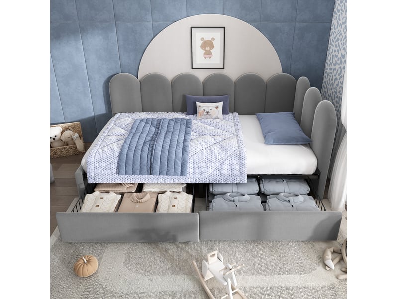  Lit simple 90x190 cm avec 2 tiroirs de rangement et sommier à lattes, velours gris, sans matelas  - Conforama B