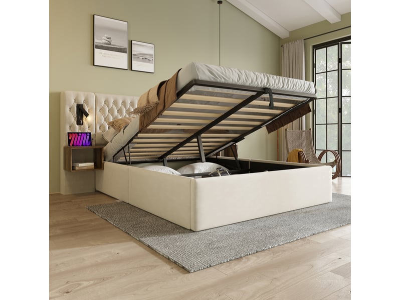  Lit coffre 160x200 avec 2 tables de nuit, lampes de lecture et usb beige cravdom  - Conforama D