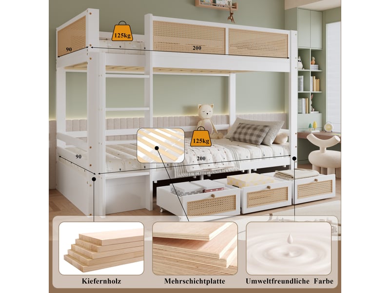  Lit superposé blancnaturel 90x200cm, pinmdfcontreplaqué, 3 tiroirs à roulettes, échelle et décor en rotin tressé  - Conforama E