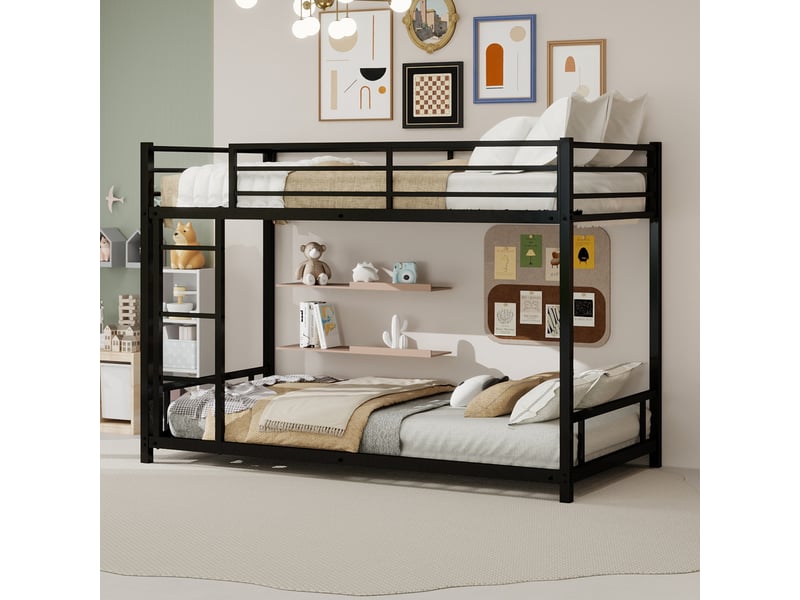  Lit superposé 90x190 cm - lit simple enfant avec échelle intégrée et barrière sécurisée - métal - sans matelas - noir  - Conforama D