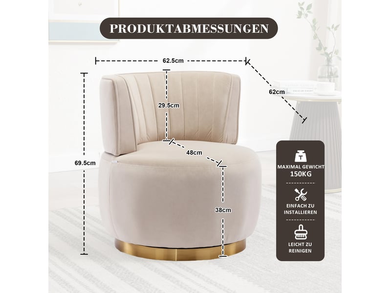  Fauteuil 62,5x62x69,5 cm, pivotant à 360°, assise moelleuse en velours et structure en métal, couleur beige et doré  - Conforama C