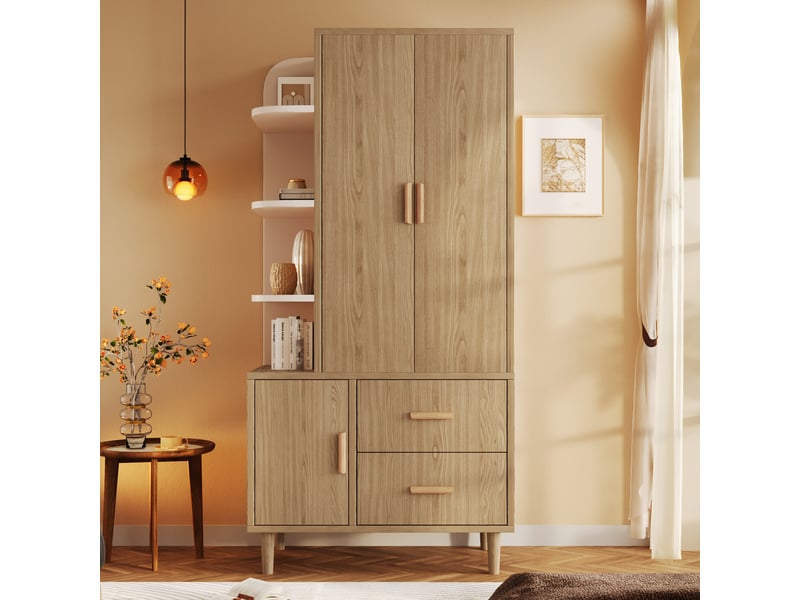  Armoire penderie 80x48x176 cm avec led à capteur, 2 tiroirs, étagères ouvertes et tringle en métal, garde-robe à fermeture douce, blanc et effet chêne Seren Glow - Conforama D