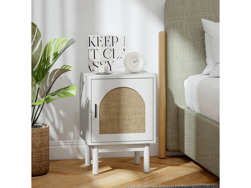  Table de chevet avec porte en rotin, étagère réglable et pieds en bois, style bohème, 40 x 35 x 58 cm, blanche  - Conforama D