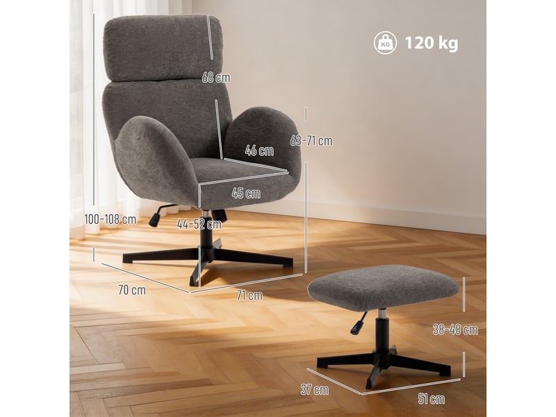  Fauteuil pivotant avec repose-pieds, réglable en hauteur et avec appui-tête ajustable, fonction bascule, gris  - Conforama E