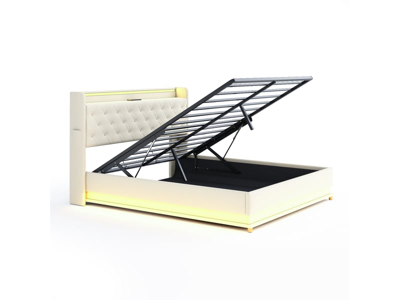  Lit adulte capitonné 160 x 200 cm,lit coffre avec led, port de chargement usb et rangement hydraulique, tissu lin doux pour la peau beige lit adulte beige - Conforama A