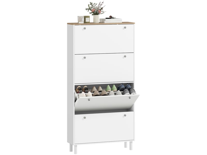  Meuble à chaussures 32 paires avec 4 tiroirs rabattables, étagères réglables, moderne, 80 x 23,5 x 157 cm, blanc  - Conforama A