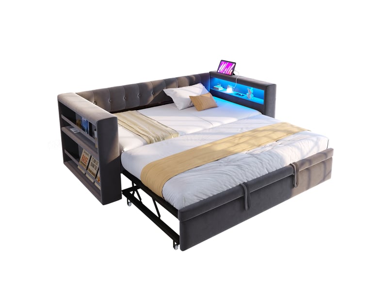  Lit double 180x190 cm convertible avec led et rangement en flanelle gris foncé  - Conforama A