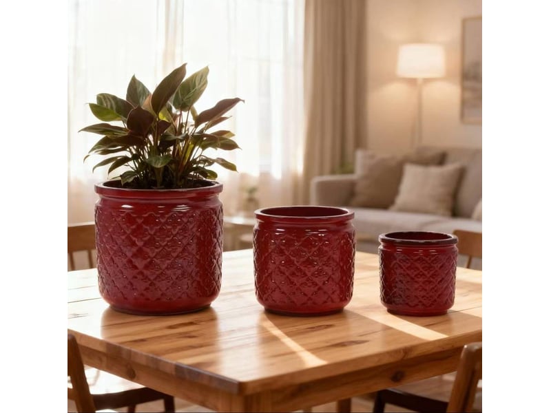  Set de 3 pots de fleurs en céramique ø 3830,523 cm – rouge lie-de-vin brillant – drainage extérieur  - Conforama B