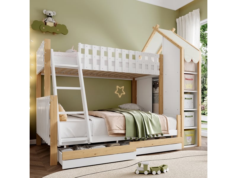  Lit superposé 90x200 et 140x200, lit cabane avec toit et 2 tiroirs, en bois blanc et naturel, barrière de sécurité pour enfant  - Conforama D