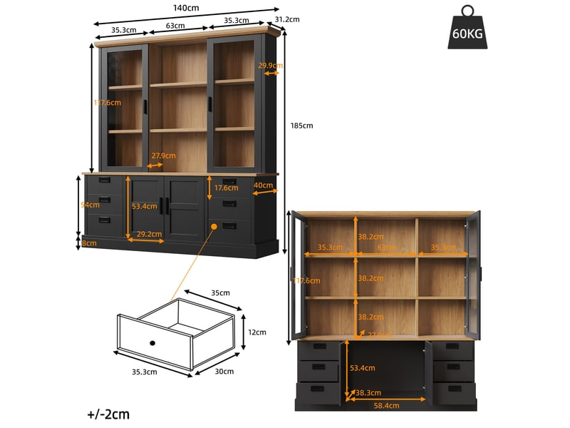  Buffet de cuisine haut 6 tiroirs avec portes vitrées et kit anti-basculement - - rails métalliques, mdf noir, 140 × 40 × 185 cm  - Conforama D