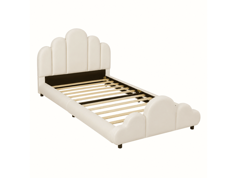  Lit enfant capitonné 90x200 cm, tête de lit rembourrée, coins arrondis, velours, beige  - Conforama A