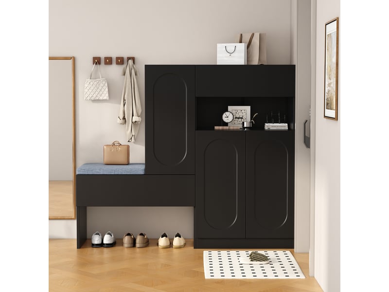  Meuble à chaussures ulevr 2-en-1 avec banc, portes à fermeture douce, 130 x 35 x 110 cm, panneaux de particules noirs  - Conforama E