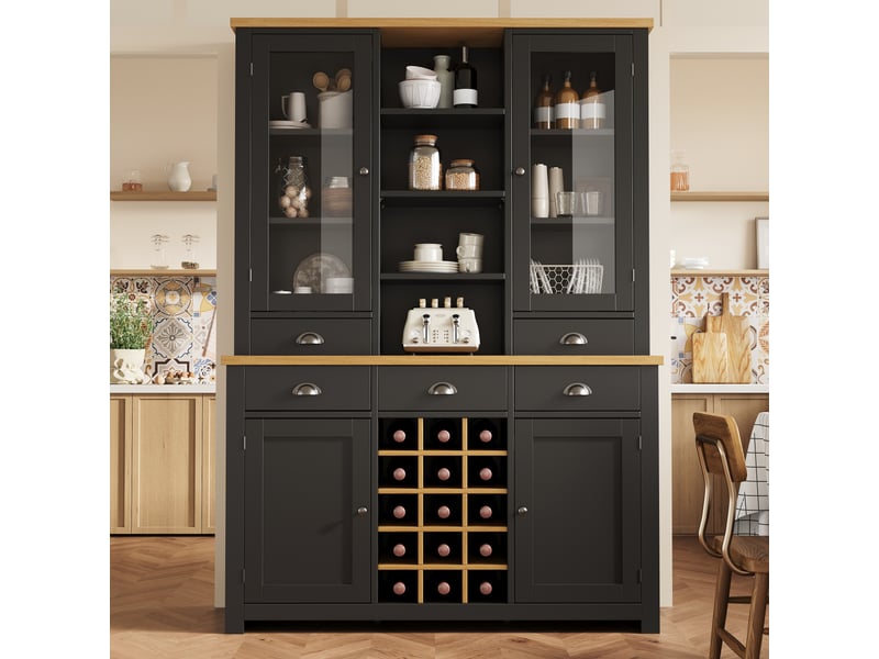 Armoire haute multifonctionnelle noire 120×40×185 cm - porte vitrée, 5 tiroirs, casier à vin amovible, fermeture amortie, anti-basculement - Conforama B
