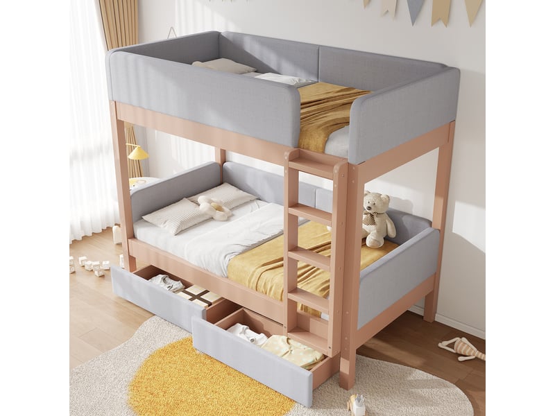 Lit superposé enfant 90x200 cm avec 2 tiroirs et escalier droit, gris et naturel - Conforama D