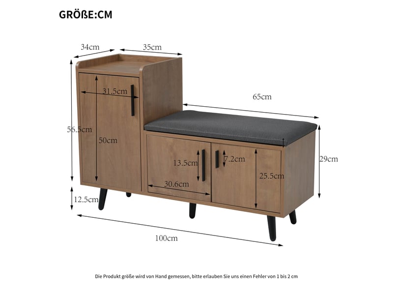  Meuble à chaussures 100 x 34 x 68,5 cm - avec 3 portes, étagères réglables et banc rembourré - mdf - noyer  - Conforama C