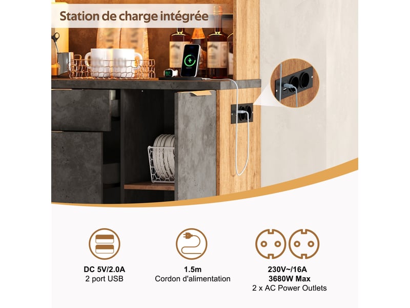  Buffet de cuisine 100x40x180 cm avec 3 tiroirs et 4 portes, éclairage led et prises en mdf couleur naturel et gris  - Conforama E