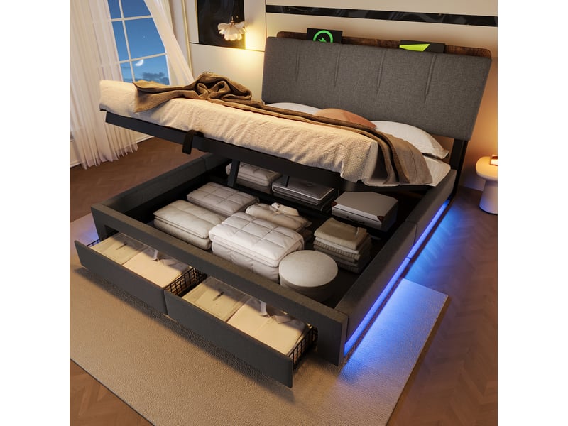 Lit coffre 140x200 cm gris en lin avec led, usb et usb-c  - Conforama D
