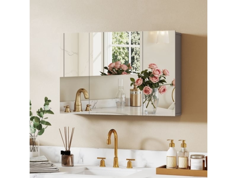 Armoire miroir de salle de bain grise à 3 portes avec étagères réglables, murale - Conforama D