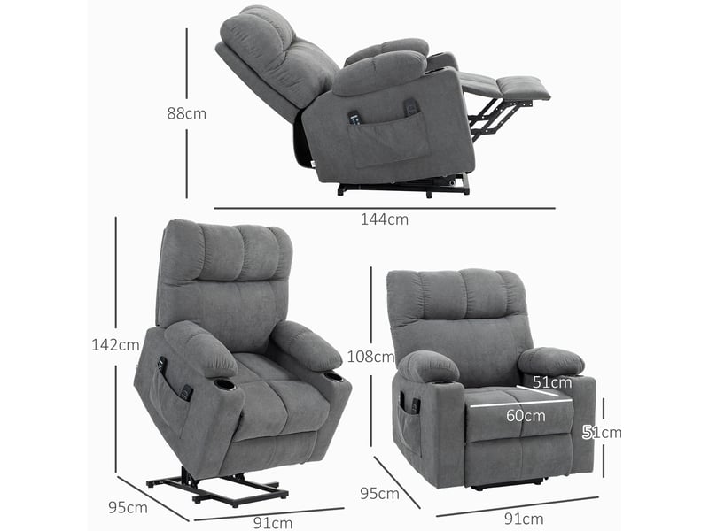 Fauteuil releveur électrique inclinable 135° avec massage et chauffage, gris, 144 x 91 x 88 cm  - Conforama C