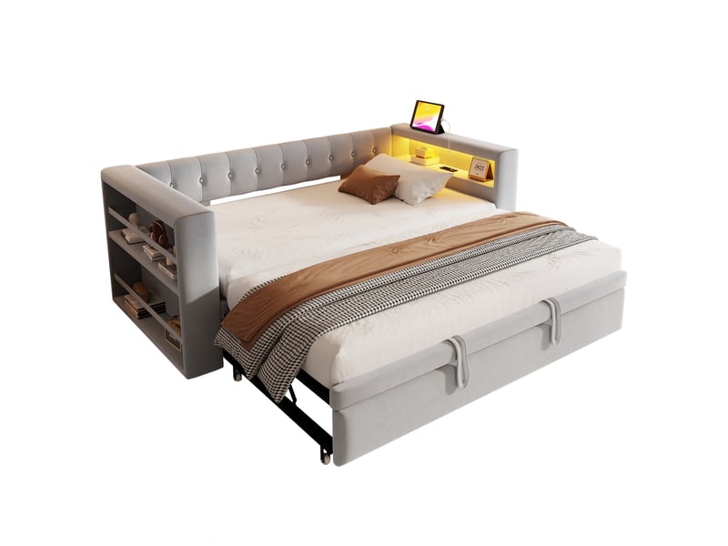  Modenvie canapé convertible 90180x190 cm - rangement intégré, led multicolore et prise - gris  - Conforama A