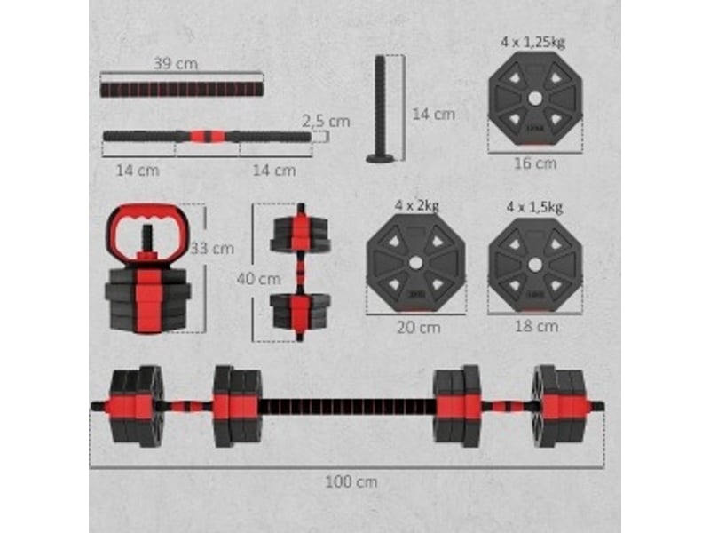  Set d'haltères réglables 20 kg rouge et noir en plastique, 4 en 1 pour entraînement de force à domicile  - Conforama C