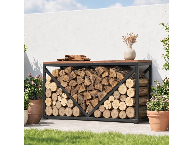  Porte-bûches intérieur 2 en 1 avec tablette, métal thermolaqué, 98 x 28 x 50 cm, charge 50 kg  - Conforama D