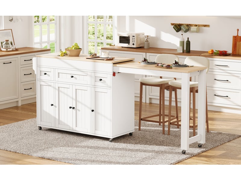 Desserte de cuisine avec plateau extensible, 3 tiroirs, étagères réglables et porte-épices, sur roulettes, blanc naturel - Conforama D