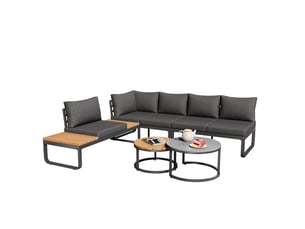 Salon de jardin 5 places 123,5 cm – gris – tables basses gigognes, coussins et pieds réglables
