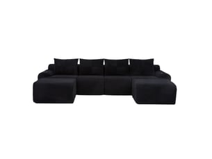 Canapé modulaire 4 places en velours côtelé avec 2 poufs, porte-gobelets, noir