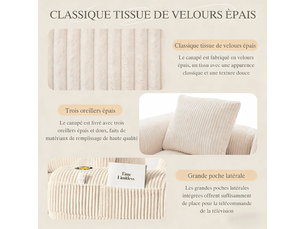 Canapé d'angle convertible,canapé modulable 34 places,en velours côtelé,avec poche latérale et porte-gobelet,253 x 158 x 61cm,beige