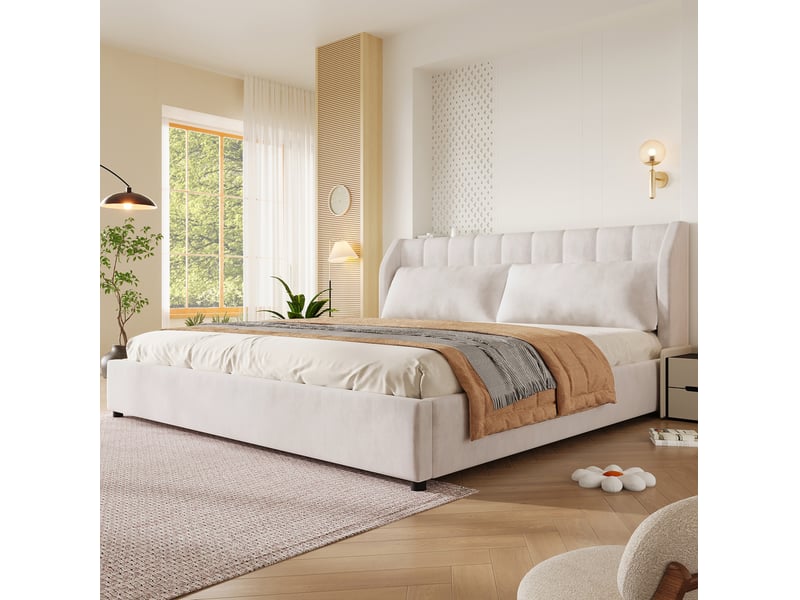  Lit plateforme 180x200 cm beige avec tête de lit rembourrée et sommier à lattes  - Conforama D