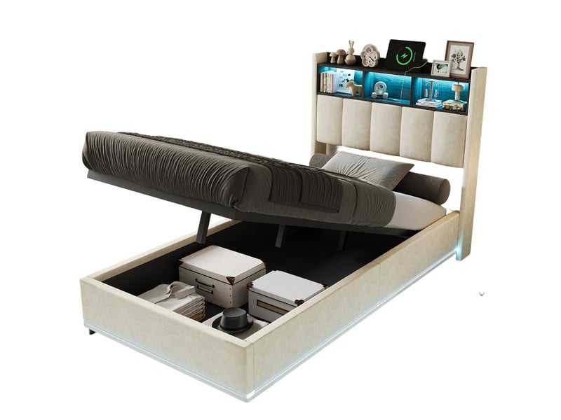  Lit coffre 90x200 cm avec led,usb et type-c, lit adulte avec sommier à lattes, lit simple moderne, blanc,velours  - Conforama A