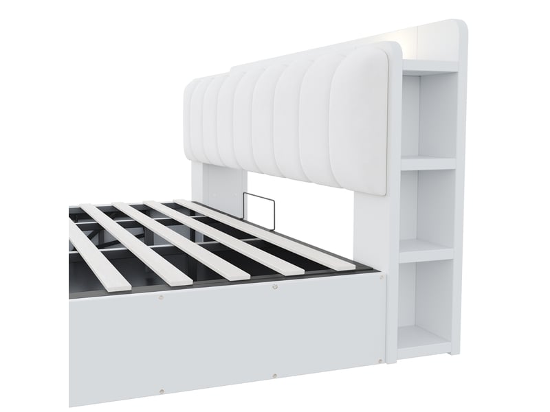  Lit coffre en bois 180x200 cm blanc, rangement hydraulique, tête de lit avec niches, usb et veilleuse Fay Lum - Conforama E