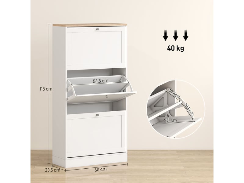 Meuble à chaussures gain de place à 3 tiroirs avec étagères réglables à 2 niveaux, en bois, 60 x 23,5 x 115 cm, blanc  - Conforama D