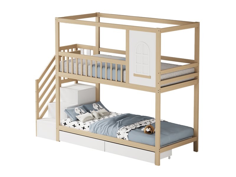  Lit superposé enfant 90x200, lit cabane en bois massif avec barrières, tiroirs de rangement et escalier sécurisé, couleur bois  - Conforama C