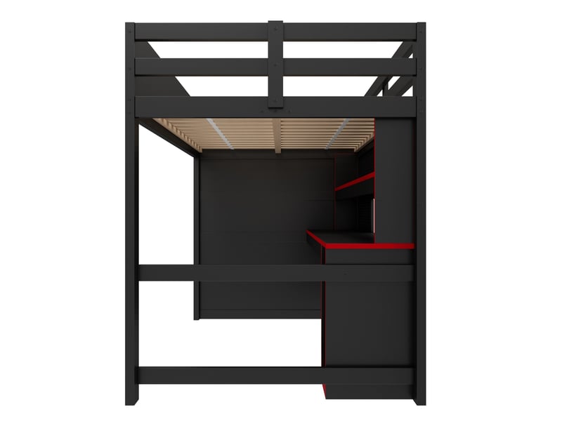  Lit mezzanine gaming 140x200 cm bureau usb led, 7 couleurs, escalier rangement, mdf et contreplaqué, noir rouge sans matelas  - Conforama E