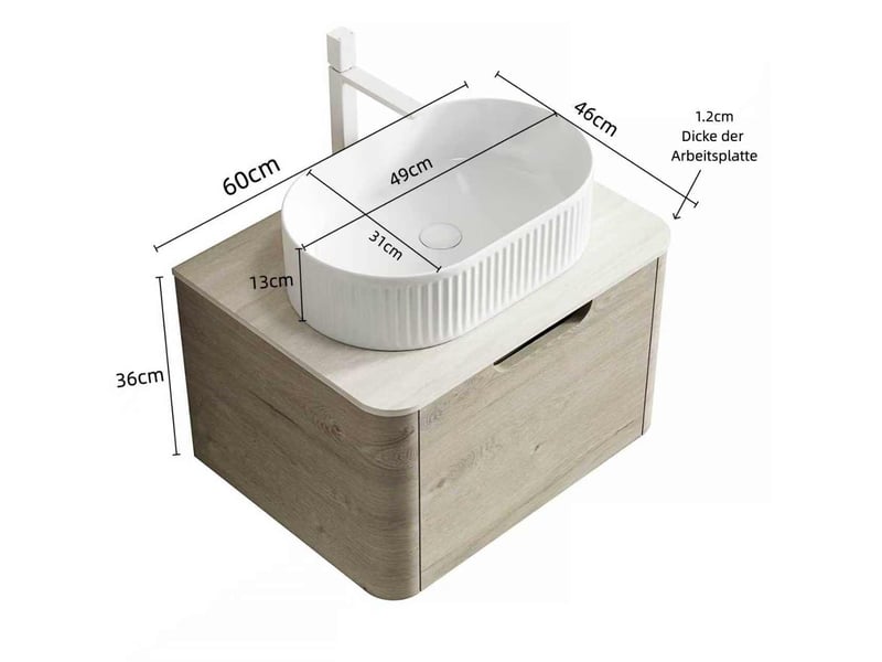  Meuble sous vasque suspendu avec 1 tiroir à fermeture amortie et vasque ovale pour salle de bain 60 × 46 × 50,2 cm  - Conforama C