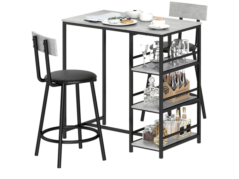  Ensemble table de bar avec 2 tabourets et étagères de rangement, gris et noir  - Conforama A