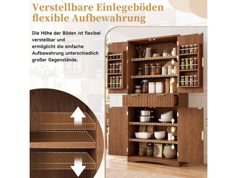  Armoire haut cuisine 76x40x180 cm effet bois, colonne rangement avec portes et tiroirs, étagères réglables pour vaisselle, façade rainurée pratique  - Conforama E